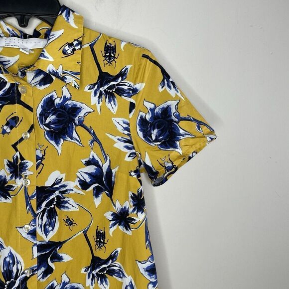 OSMAN YOUSEFZADA Beetle Print Shirtdress Women 2 Yellow Floral Scarab Cotton - Picture 3 of 16